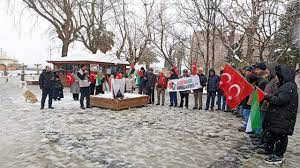 Sinop’ta “Gazze İçin Acil  Ateşkes” sloganıyla kar yağışı altında basın açıklaması